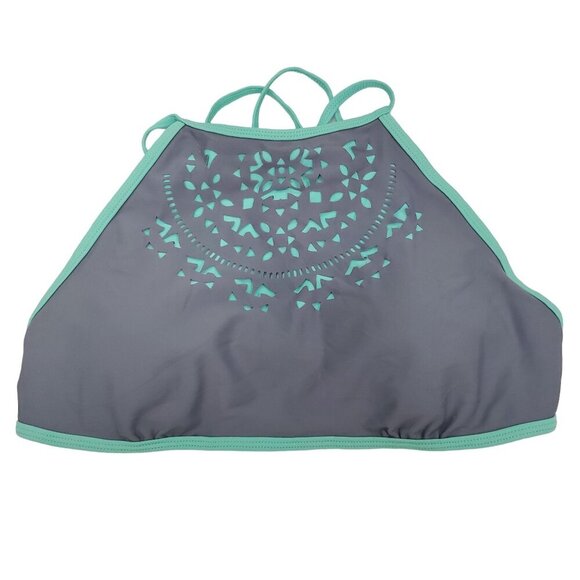 O'Rageous Women's Gray‎ Mint Lazer Cut High Neck Tie Back Swim Bikini Top Sz L - Picture 1 of 6